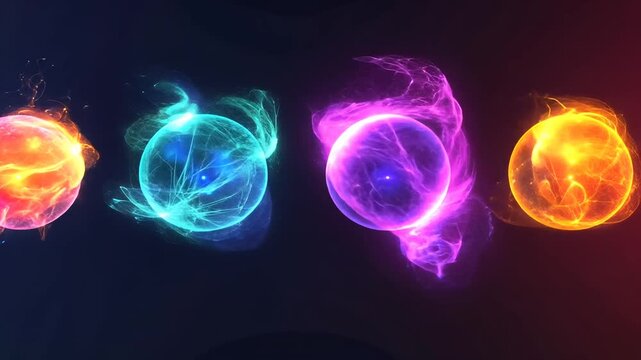 Colorful glowing orbs in vibrant shades of blue, pink, and orange against a dark background