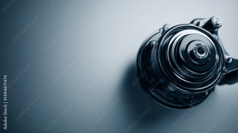 Poster detailed view of a mechanical component on a sleek surface showcasing engineering design.