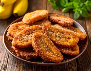 Crispy Fried Plantains with Sugar and Cinnamon on Wooden Table