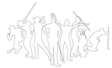 Silhouette golf player set. Active golfers golfing sports people healthy players fitness silhouettes concept.