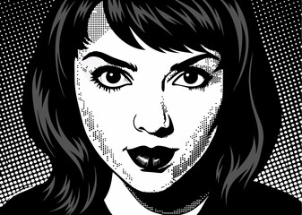 Stylish fashion illustration of a woman's head with beautiful eyes, lips, and flowing hair, depicting glamour and art in a vector silhouette