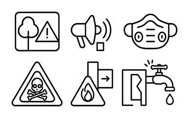 Safety alert and warning icons set – outline, linear, hazard and caution symbols