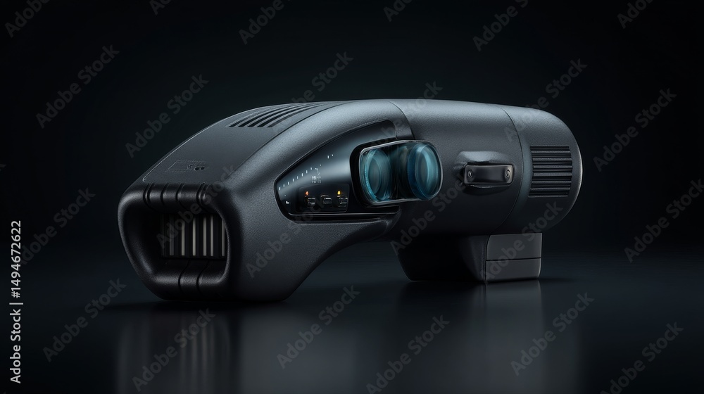 Poster futuristic device showcasing advanced design and intricate details on a dark background.