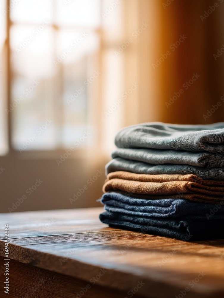 Poster stacked colorful fabrics on a wooden table with soft sunlight streaming through a window