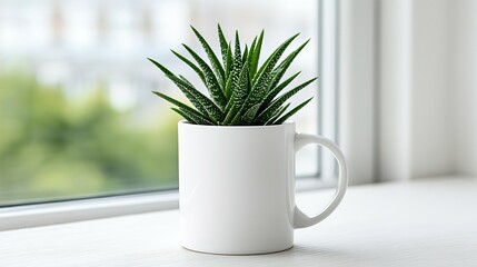 Small succulent plant in a white ceramic mug on a windowsill.