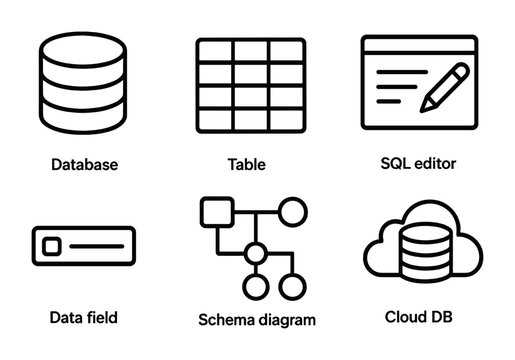 Database and tech outline icons set &ndash; line, flat, schema and sql symbols