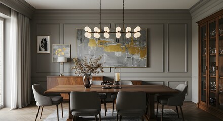 Elegant Dining Room Interior Design Wooden Table, Chandelier, Art, Cabinet, Gray Walls.