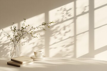 A Scandinavian-inspired home office features a wooden desk with a cup of coffee, books, and an empty picture frame, accompanied by a vase with olive branches