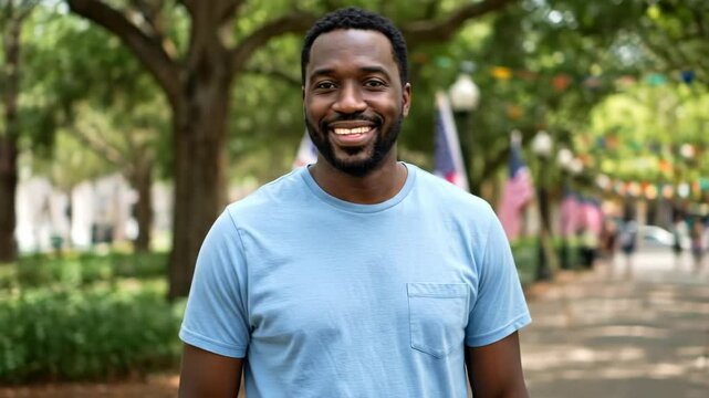 Black man smiling outdoors surrounded by American flags and festive decorations, symbolizing freedom and celebration suitable for patriotic holidays like Juneteenth footage