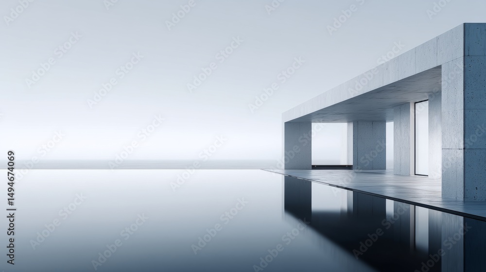 Poster minimalist architecture reflecting in calm water, creating a serene and elegant atmosphere.