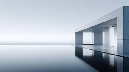Obraz premium Minimalist architecture reflecting in calm water, creating a serene and elegant atmosphere.