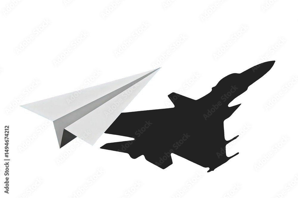 Poster a simple white paper airplane casting a shadow on a transparent background