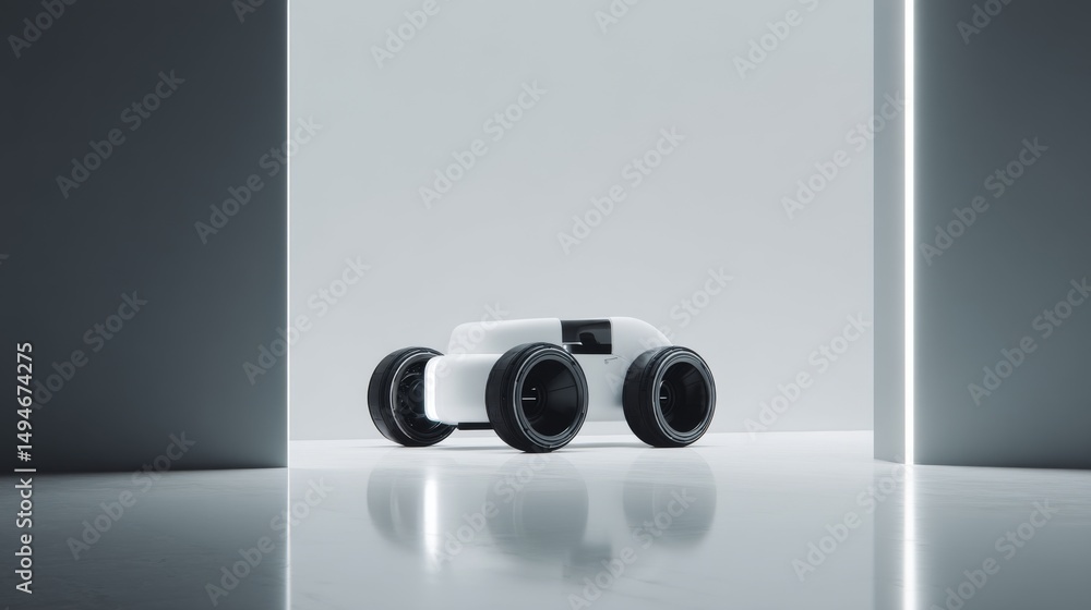 Poster modern compact robotic car designed for advanced functionalities and sleek aesthetics.