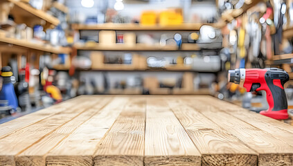 Rustic wooden workbench in a workshop setting with a red drill and shelves out of focus perfect for product placement or display