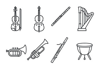 Fototapeta premium Musical instruments icon set – outline, linear, orchestra and band symbols