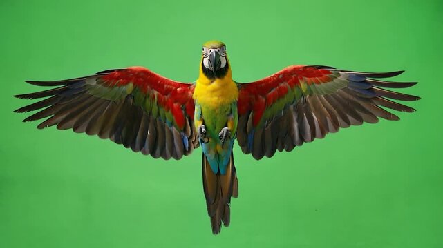 Colorful parrot in flight against green background