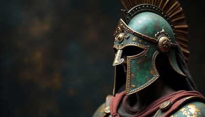 Obraz premium Ancient warrior helmet, weathered bronze, ornate detail, strong, legend, battle