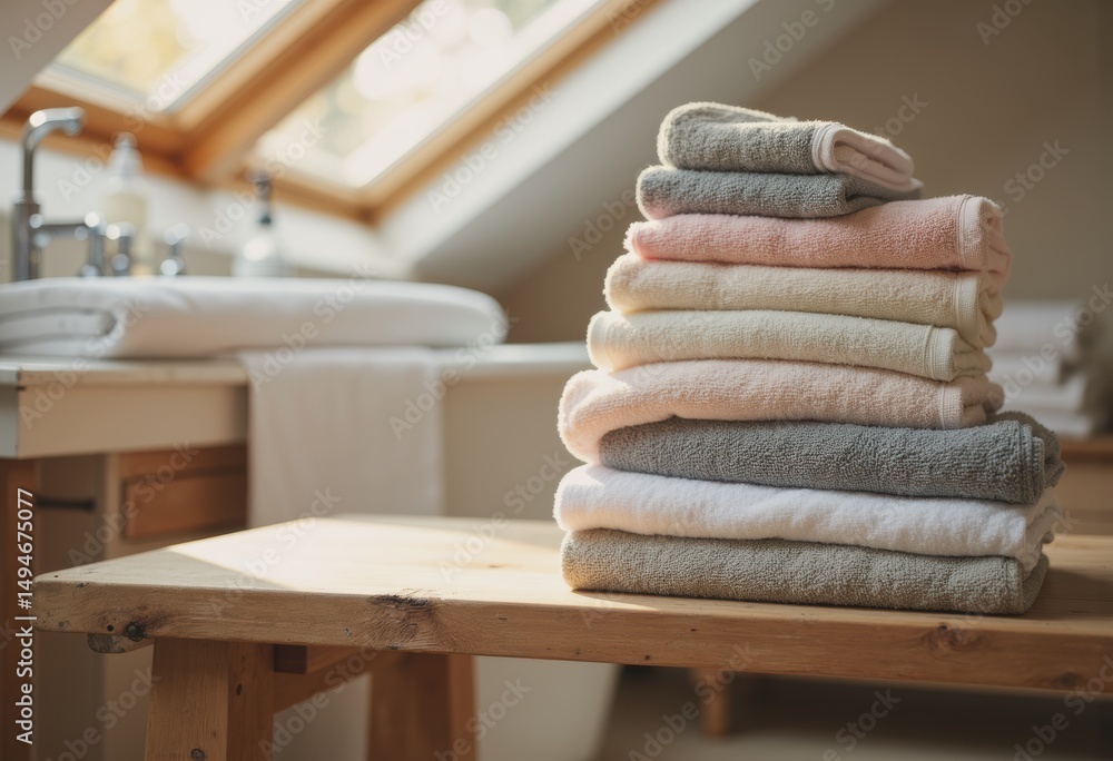Poster stacked towels in soft colors arranged neatly on a wooden table