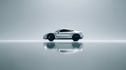 Sleek silver car on a reflective surface showcasing modern design and elegance.