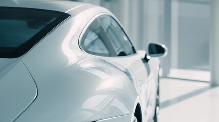 Sleek white car parked in modern showroom with soft lighting and minimalist design.