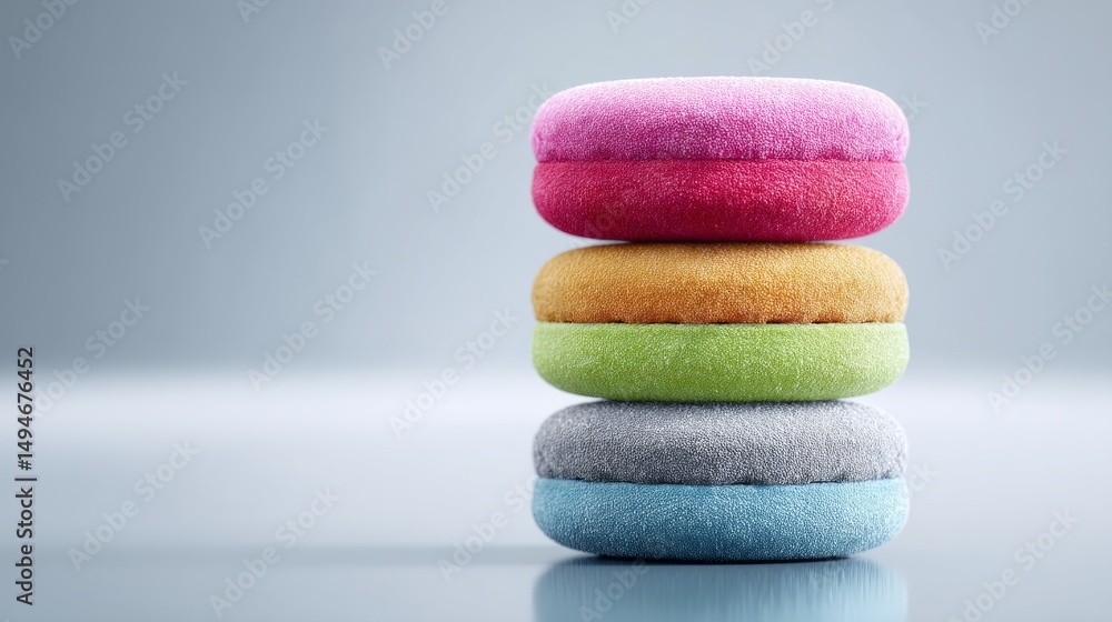 Poster stack of colorful soft cushions arranged neatly on a light background.