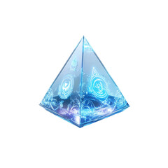 Luminous Blue Crystal Pyramid with Glowing Symbols - Futuristic Sci-Fi Energy Source