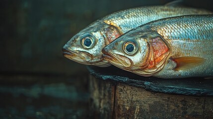 Two whole fish, silvery scales, dark background