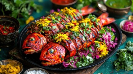 Fototapeta premium Two red fish, grilled and garnished, on dark plate
