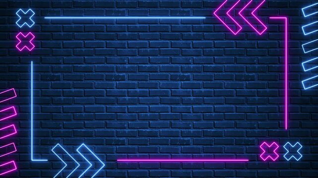 abstract neon lights border frame and arrows on blue brick wall animation, technology and game blank motion background