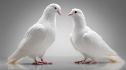 Obraz premium Two elegant white doves facing each other on a soft gray background.