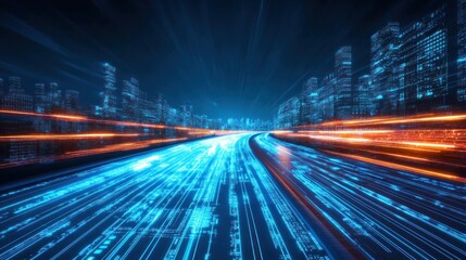 Obraz premium Futuristic city highway with glowing digital data streams