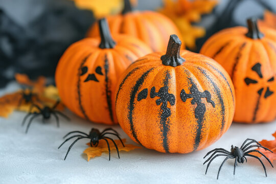 pumpkins with black and orange paint.
