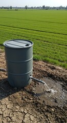 Agricultural Irrigation System: Water Barrel Dispensing Fluid to Dry Cracked Soil in a Lush Green Field