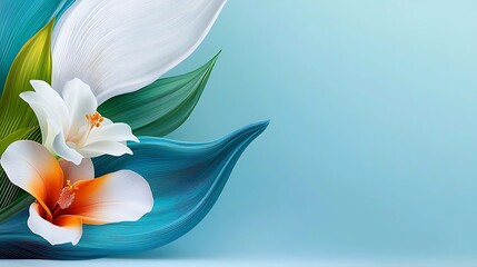 there is a white and orange flower with green leaves on a blue background