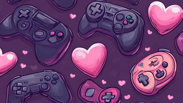 Colorful pattern of gaming controllers and hearts on a dark background, ideal for gaming themes