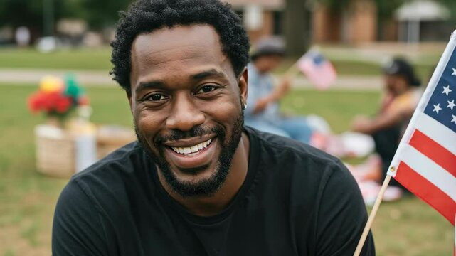 African american man celebrating Freedom day with his family and american flag at outdoor picnic. Juneteenth holiday gathering with a happy smiling man looking at camera, footage.
