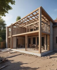 Modern home extension framing, progress visible, home improvement, tools, steel