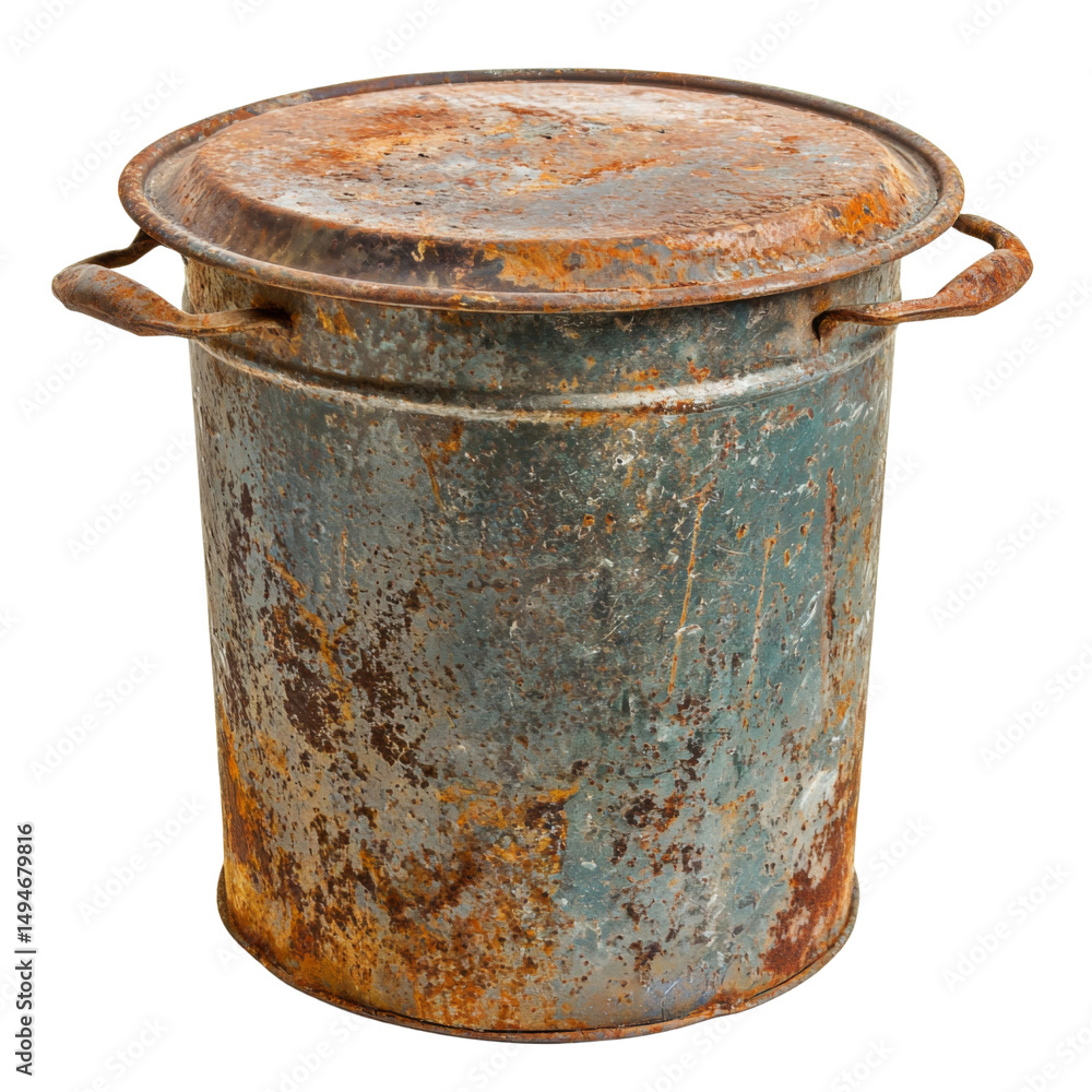 Poster rusty metal trash can with lid, showing weathered texture and patina. this vintage container adds ru