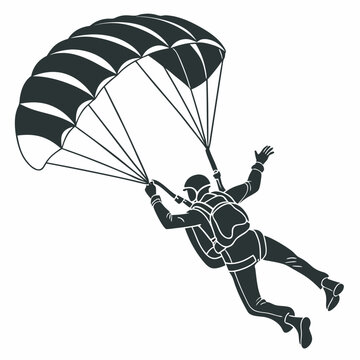 Isolated silhouette of skydiver with parachute minimalist black and white vector illustration