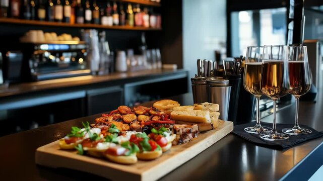 tapas on the plate and wine glasses in spanish bar 
