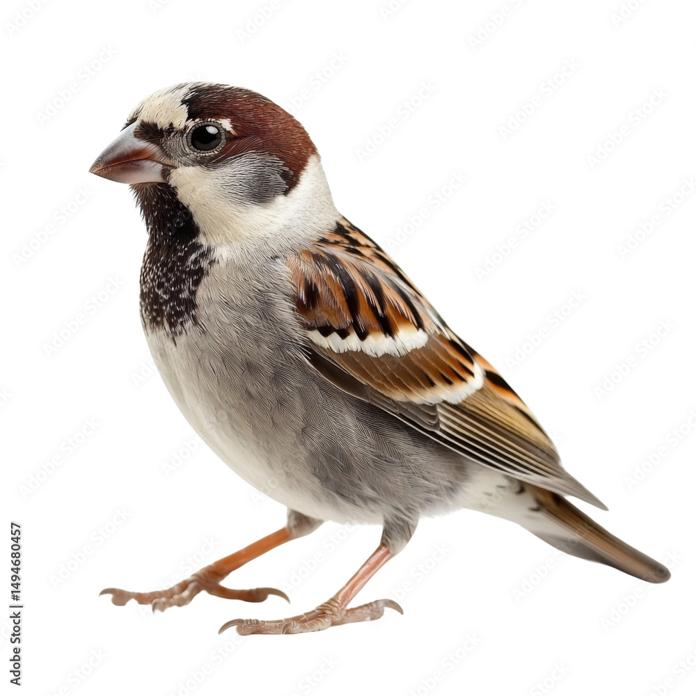 Poster close up of sparrow with distinctive brown and gray feathers, showcasing its unique markings and posture. This bird stands on plain background, highlighting its features and vibrant colors