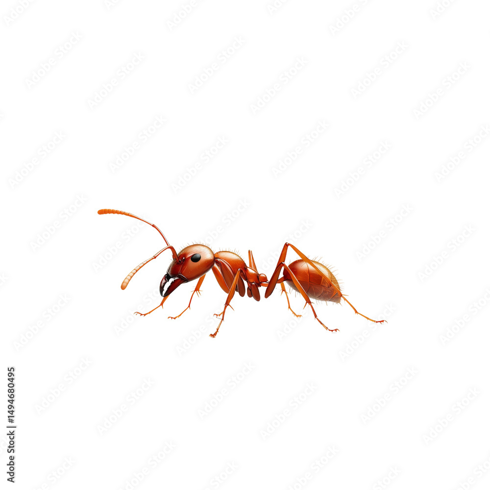 Poster detailed illustration of red ant, showcasing its segmented body and antennae, emphasizing its vibran