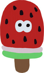 A red popsicle with black spots has googly eyes and layers of white and green above a brown stick.