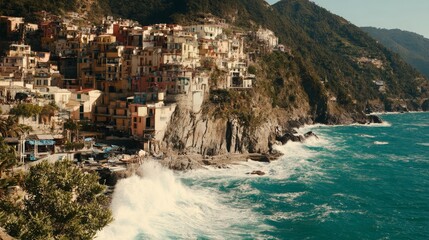 coastal village perched on rugged cliffs with crashing waves and breathtaking ocean views