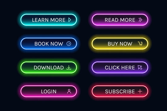 Trendy Glowing Neon Button Design. Neon buttons for web design. Neon buttons on dark background