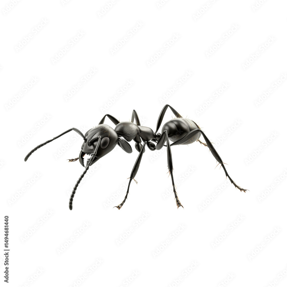 Poster realistic black ant with detailed features, showcasing its segmented body and long antennae. This insect is often found in various environments, symbolizing teamwork and industriousness