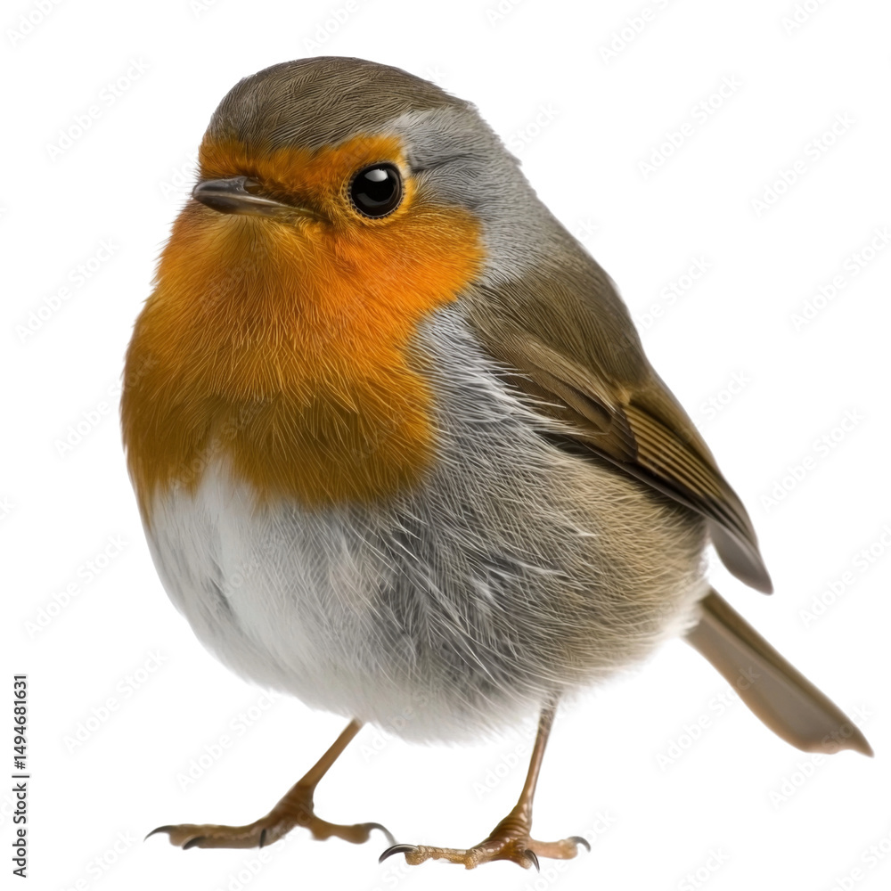 Poster small, round bird with vibrant orange chest and gray feathers, standing upright. Its curious expression adds charm to its appearance