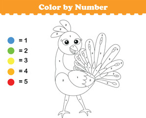 Color by numbers. Coloring page for kids. Coloring with cute pou bird. Vector illustration