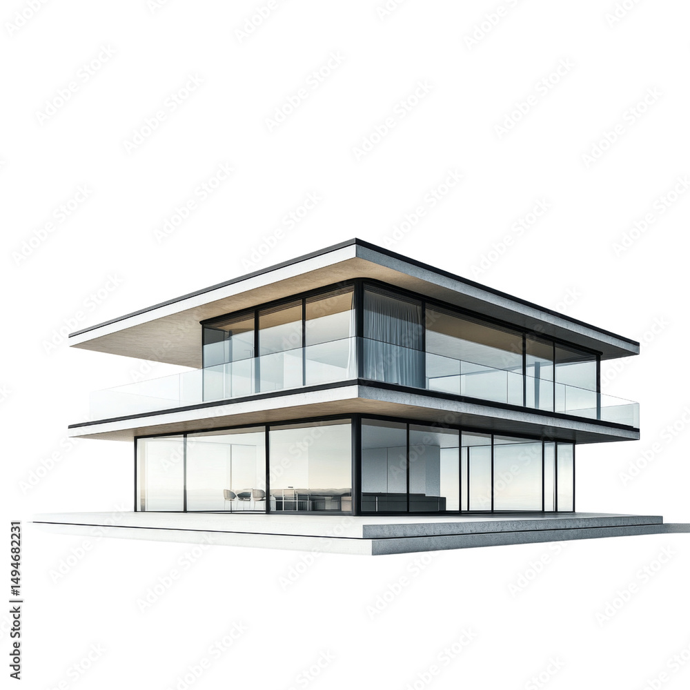 Poster modern glass house with sleek design and open spaces, featuring large windows and minimalist aesthet