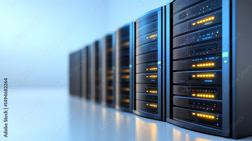 Poster A modern server room with rows of high-performance data servers illuminating in blue light, showcasing advanced technology.